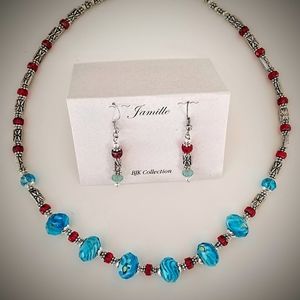 Turquoise and red faceted glass bead necklace and earrings.